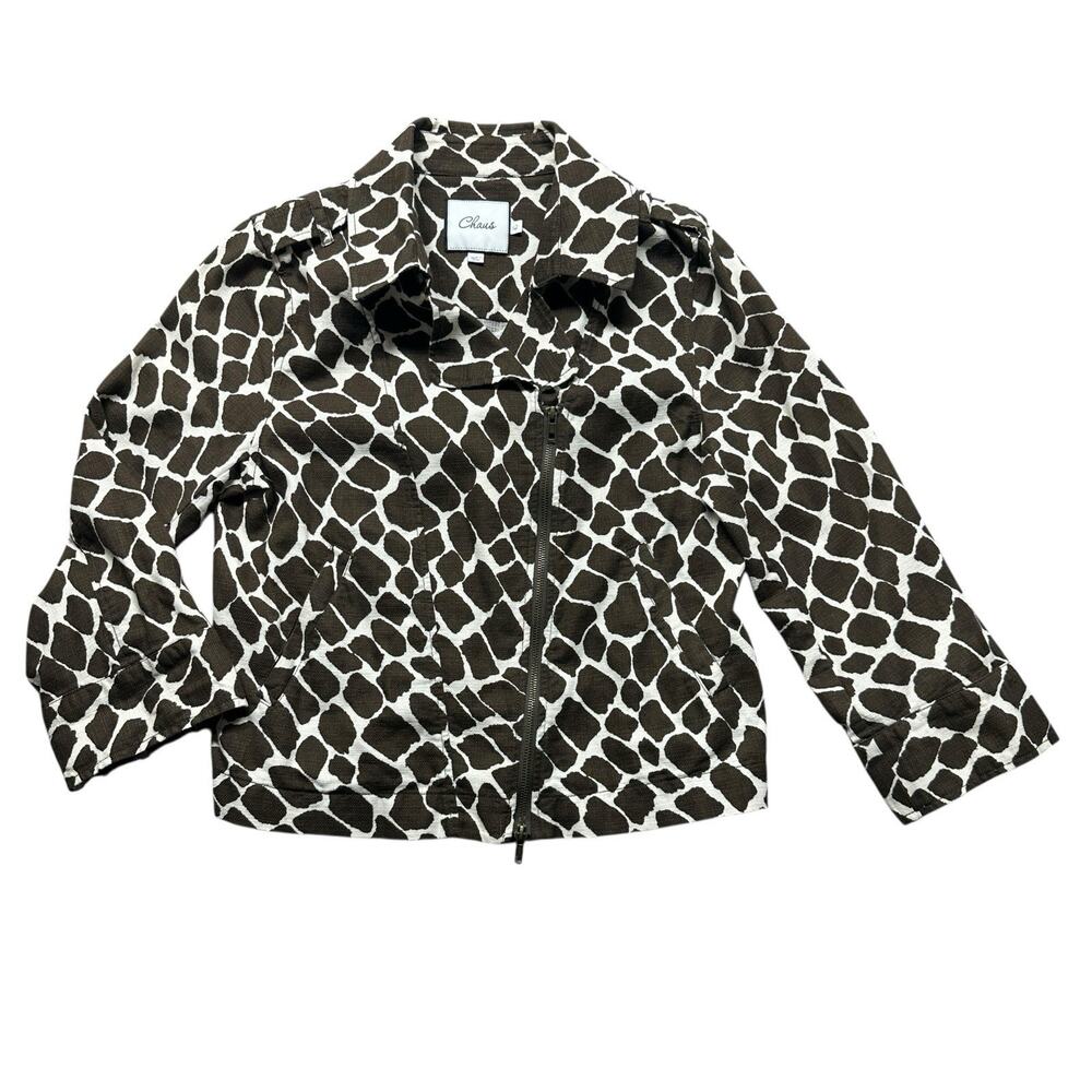 Chaus Jacket Womens Sz 12 Cotton Brown White Animal Print 3/4 Sleeves Zip